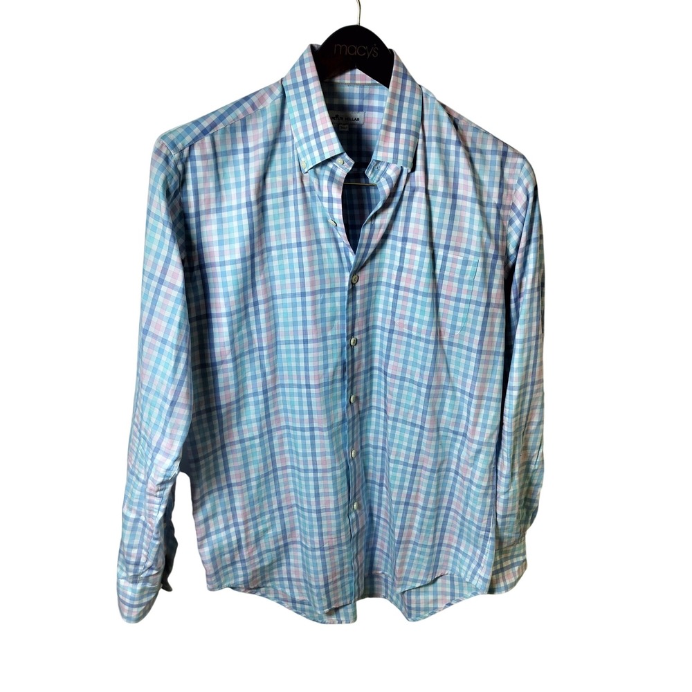 Peter Millar Mens Plaid Button Down Shirt Blue Pink White MS20W35NBL Size M